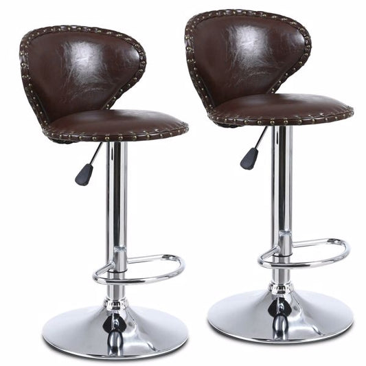 Modern Set - 2 Brown Bar Stools with Back Dining - Counter PU Chairs - 360° Swivel Stool