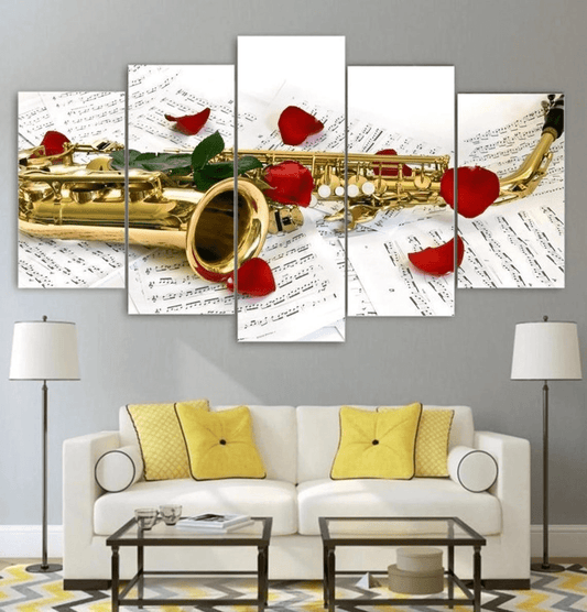 Jazz Wall Art Roses Saxophone - Canvas Framed Print -Home Decor Gift Idea - Big Band Painting Music Poster 5 Piece