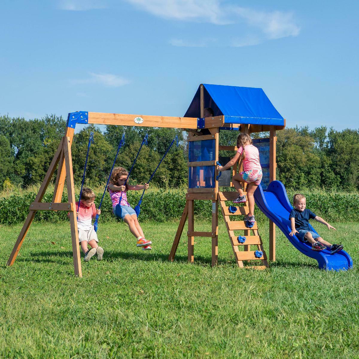 Outdoor Wooden Swing Set - Backyard Clubhouse Slide Swings Playground - Backyard Playset Kids