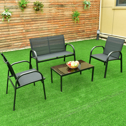 Patio Furniture Set - Coffee Table Steel Frame - Deck Furniture Set - Black, Steel, 4 Piece