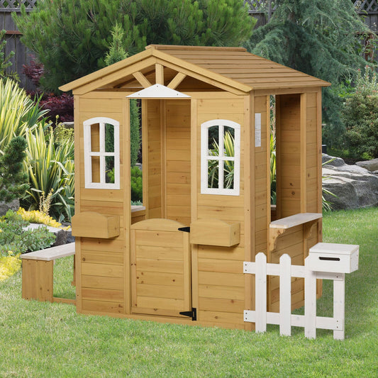Kids Outdoor Playhouse with Fence and Serving Station - Kids Wooden Playhouse - Playhouse for Kids Toddler