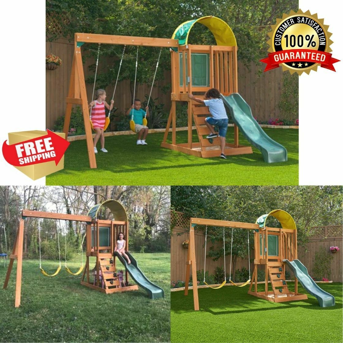 KidKraft Children's Wooden Swing Set - Kid's  Swing Set with Slide - Backyard Play with Sandbox