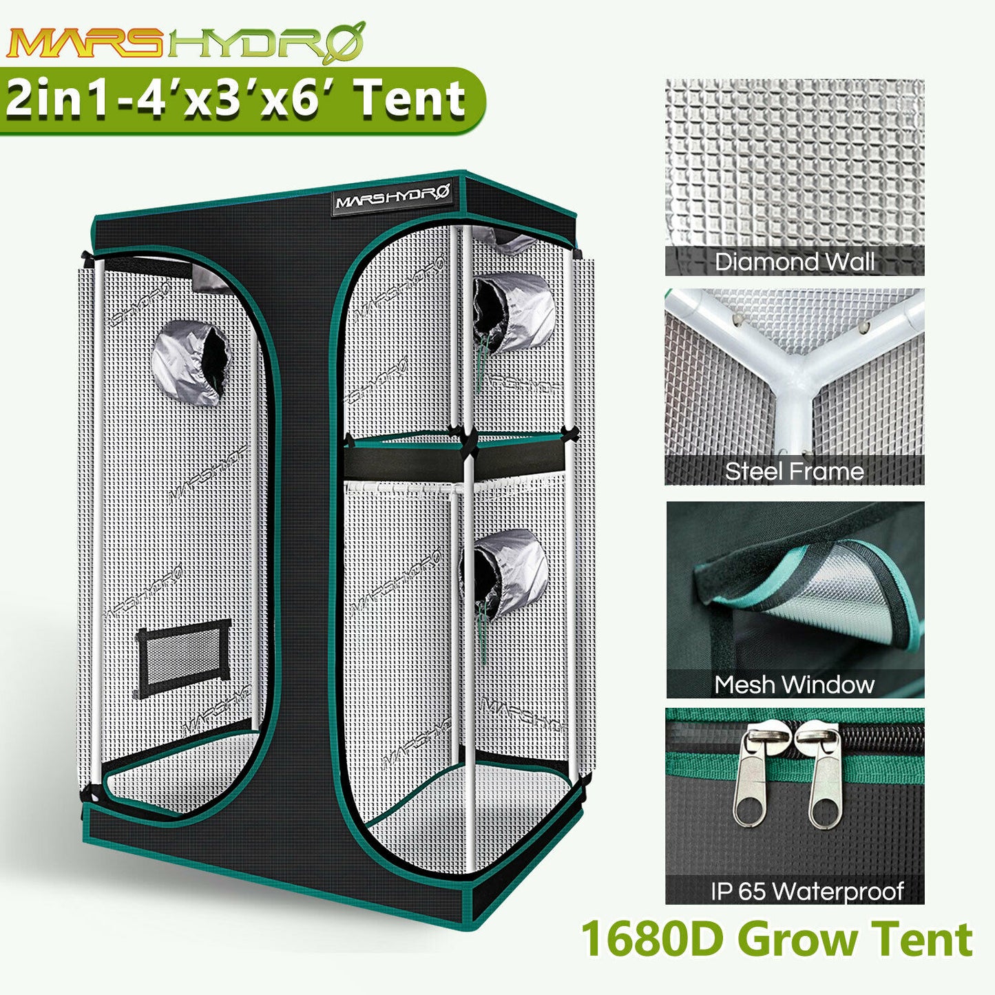 MarsHydro - 1680D Grow Tent - 60x60x140cm Grow Tent Diamond - Diamond Reflective Grow Tent -Indoor Hydroponics Grow Tent - MarsHydro Grow Tent