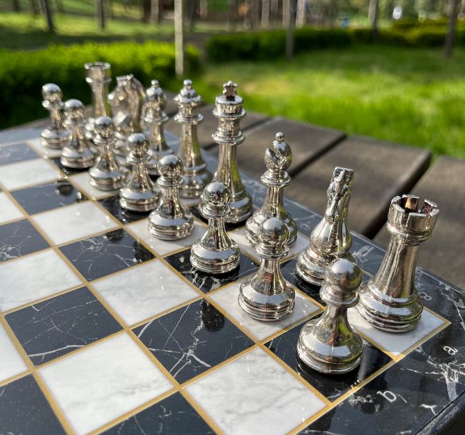 Personalized Chess Set with Marble Patterned Wooden Box, Metal Chess Set for Birthday Gift, Special Chess Gift Set, Luxury Chess Set