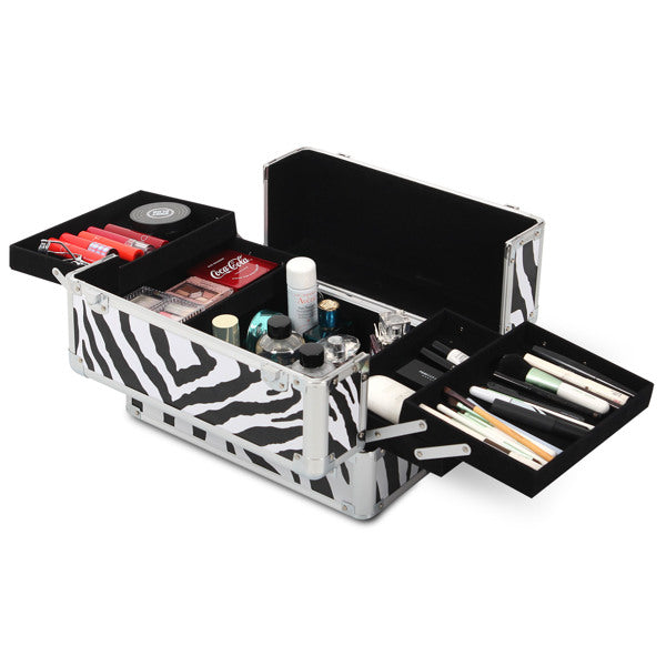 4 in 1 Rolling Makeup Case Makeup Trolley Case With Wheels Makeup Travel Case Organizer (ZEBRA) - Cosmetic Lockable Trolley - Nail Artist Travel Train Organizer Box