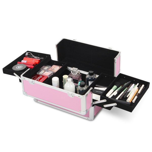 4 in 1 Rolling Makeup Case Makeup Trolley Case With Wheels Makeup Travel Case Organizer (PINK) - Cosmetic Lockable Trolley - Nail Artist Travel Train Organizer Box