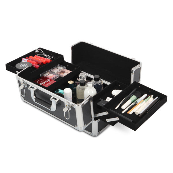 4 in 1 Rolling Makeup Case Makeup Trolley Case With Wheels Makeup Travel Case Organizer (BLACK) - Cosmetic Lockable Trolley - Nail Artist Travel Train Organizer Box