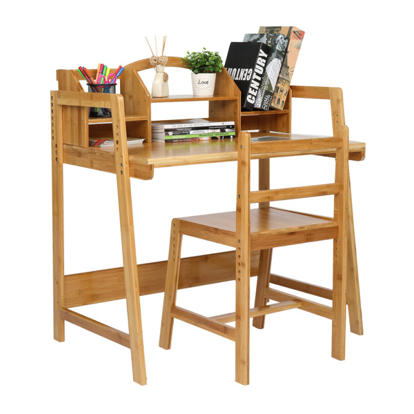 80*50*95cm Nan Bamboo Adjustable Height With Bookshelf Study Desk And Chair Log Color - Bamboo Desk with Bookshelf and Chair - Desk and Chair Set for Children