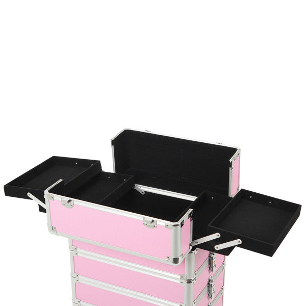 4 in 1 Rolling Makeup Case Makeup Trolley Case With Wheels Makeup Travel Case Organizer (PINK) - Cosmetic Lockable Trolley - Nail Artist Travel Train Organizer Box