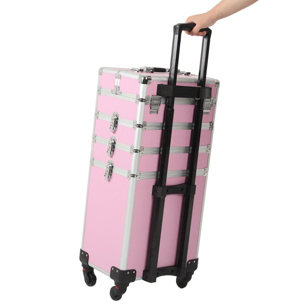 4 in 1 Rolling Makeup Case Makeup Trolley Case With Wheels Makeup Travel Case Organizer (PINK) - Cosmetic Lockable Trolley - Nail Artist Travel Train Organizer Box