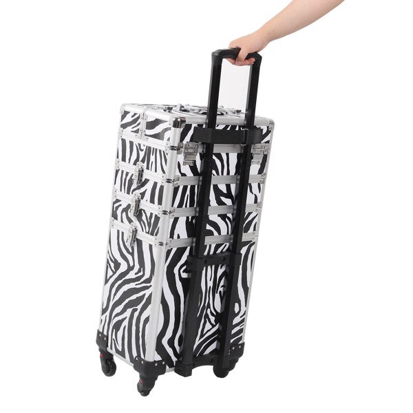 4 in 1 Rolling Makeup Case Makeup Trolley Case With Wheels Makeup Travel Case Organizer (ZEBRA) - Cosmetic Lockable Trolley - Nail Artist Travel Train Organizer Box