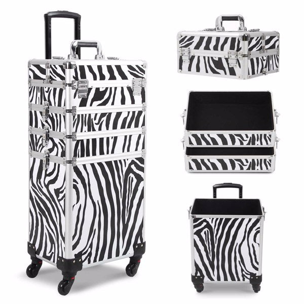 4 in 1 Rolling Makeup Case Makeup Trolley Case With Wheels Makeup Travel Case Organizer (ZEBRA) - Cosmetic Lockable Trolley - Nail Artist Travel Train Organizer Box