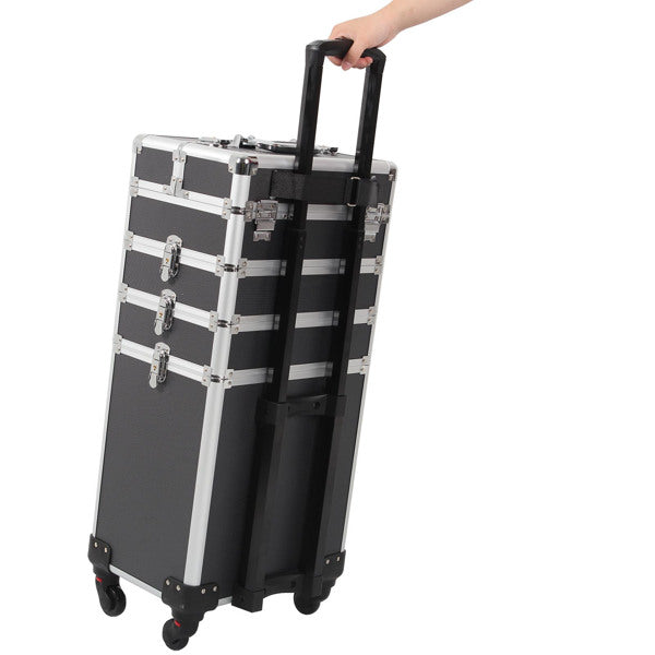 4 in 1 Rolling Makeup Case Makeup Trolley Case With Wheels Makeup Travel Case Organizer (BLACK) - Cosmetic Lockable Trolley - Nail Artist Travel Train Organizer Box