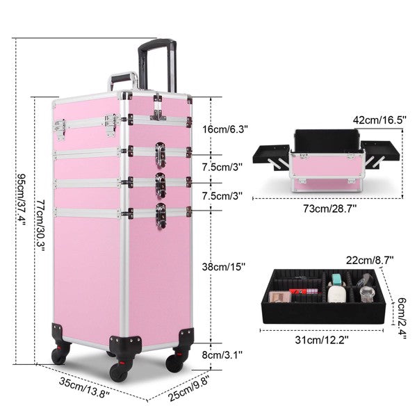 4 in 1 Rolling Makeup Case Makeup Trolley Case With Wheels Makeup Travel Case Organizer (PINK) - Cosmetic Lockable Trolley - Nail Artist Travel Train Organizer Box