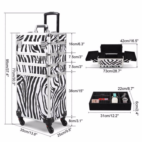 4 in 1 Rolling Makeup Case Makeup Trolley Case With Wheels Makeup Travel Case Organizer (ZEBRA) - Cosmetic Lockable Trolley - Nail Artist Travel Train Organizer Box