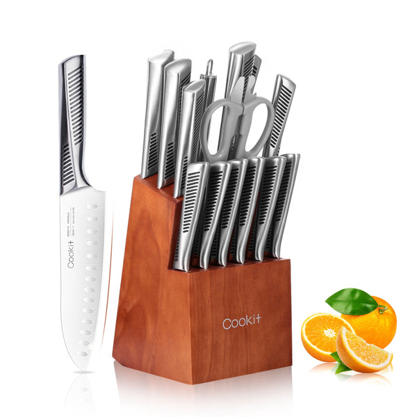 Kitchen Knife Set, 15 Piece Knife Sets with Block Chef Knife Stainless Steel Hollow Handle Cutlery with Manual Sharpener - 15P Color-Handle Knife Set - Stainless Steel 15 Piece Knife Set