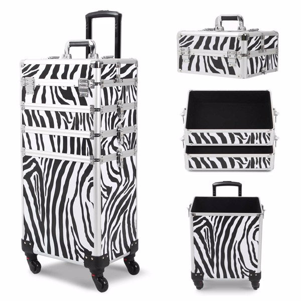 4 in 1 Rolling Makeup Case Makeup Trolley Case With Wheels Makeup Travel Case Organizer (ZEBRA) - Cosmetic Lockable Trolley - Nail Artist Travel Train Organizer Box