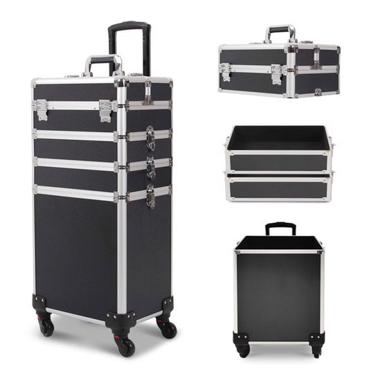 4 in 1 Rolling Makeup Case Makeup Trolley Case With Wheels Makeup Travel Case Organizer (BLACK) - Cosmetic Lockable Trolley - Nail Artist Travel Train Organizer Box