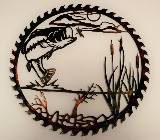 Bass Attack Sawblade Cut Out Northwoods Metal Wall Art - Handmade Metal Wall Decoration - 3D Rustic Wall Art Decoration