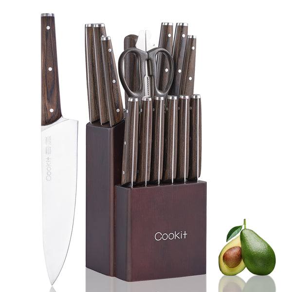 Kitchen Knife Sets, 15 Piece Knife Sets with Block for Kitchen Chef Knife Stainless Steel Knives Set Serrated Steak Knives with Manual Sharpener Knife - Stainless Steel Knives Set - High Carbon Stainless Steel Knife