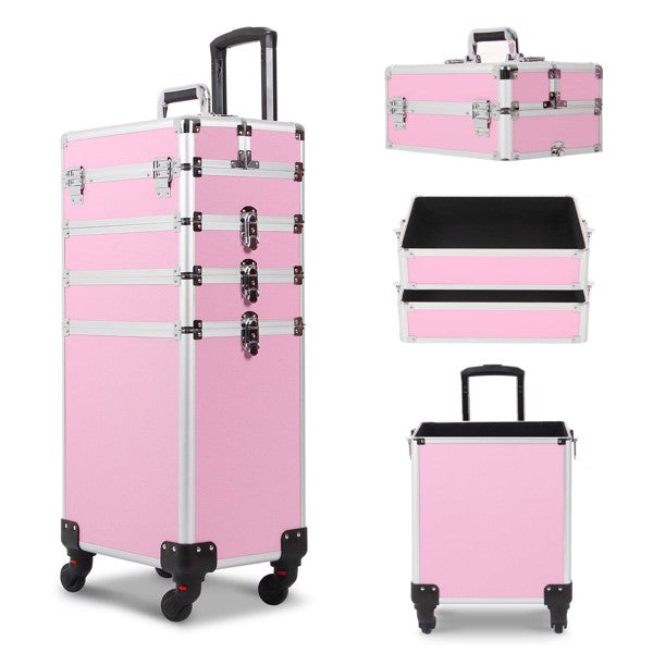 4 in 1 Rolling Makeup Case Makeup Trolley Case With Wheels Makeup Travel Case Organizer (PINK) - Cosmetic Lockable Trolley - Nail Artist Travel Train Organizer Box