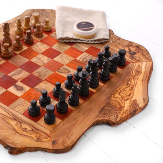 Rustic Chess Set with Rough Edges handmade from Olive Wood | Wooden Chess Board | Gifts for Him (FREE Personalization & Wood Conditioner)