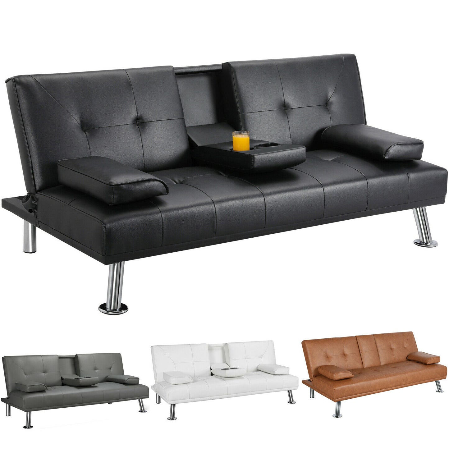 Modern Faux Leather Futon Sofa Bed - Fold Up & Down Recliner Couch with Cup Holder - Convertible Futon Sofa w/ Removable Armrests