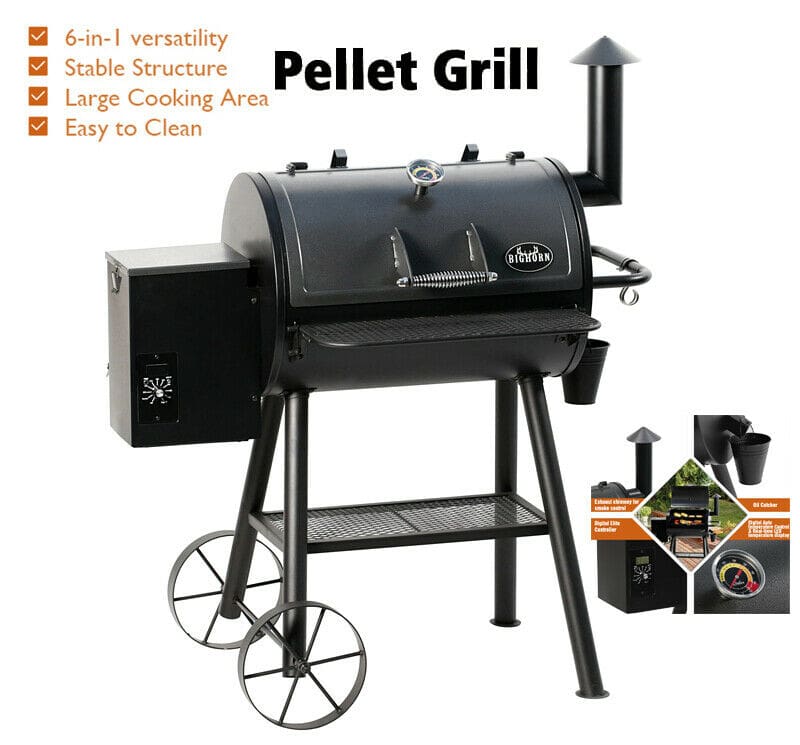 BigHorn - 6-in-1 Cooking Pellet Grill - Wood BBQ Grill Smoker - Auto Temperature Control