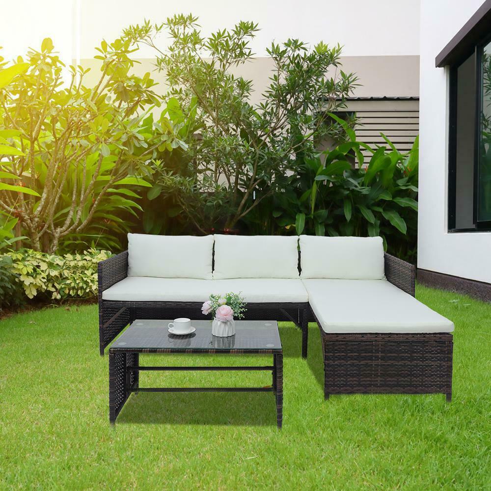 Patio Wicker Furniture Outdoor- 3 Pcs Rattan Sofa - Garden Conversation Table Set US
