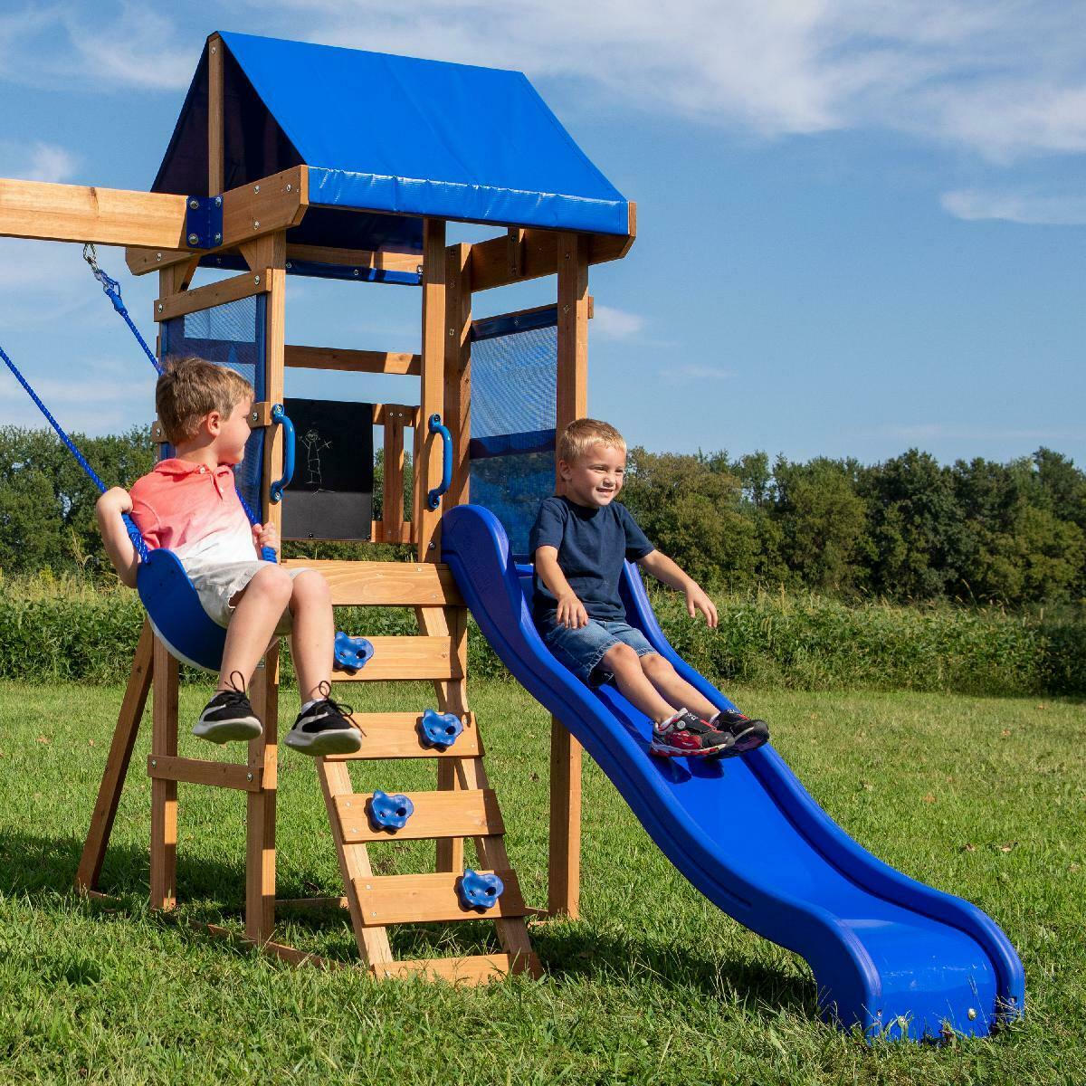 Outdoor Wooden Swing Set - Backyard Clubhouse Slide Swings Playground - Backyard Playset Kids