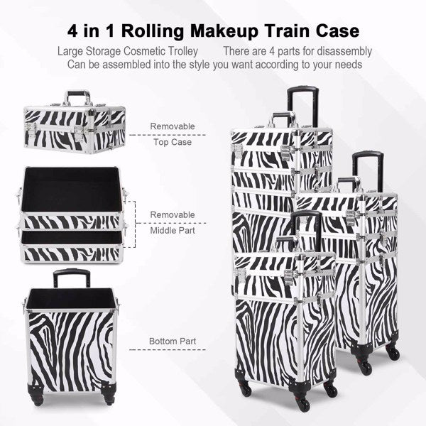 4 in 1 Rolling Makeup Case Makeup Trolley Case With Wheels Makeup Travel Case Organizer (ZEBRA) - Cosmetic Lockable Trolley - Nail Artist Travel Train Organizer Box