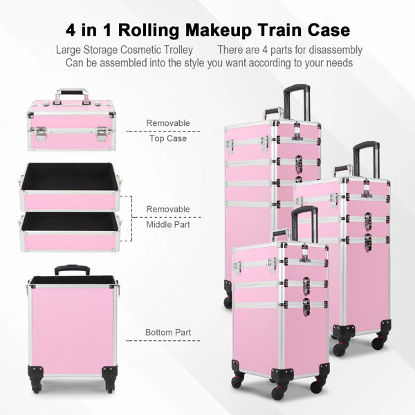 4 in 1 Rolling Makeup Case Makeup Trolley Case With Wheels Makeup Travel Case Organizer (PINK) - Cosmetic Lockable Trolley - Nail Artist Travel Train Organizer Box