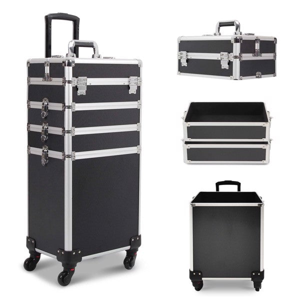 4 in 1 Rolling Makeup Case Makeup Trolley Case With Wheels Makeup Travel Case Organizer (BLACK) - Cosmetic Lockable Trolley - Nail Artist Travel Train Organizer Box