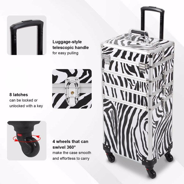 4 in 1 Rolling Makeup Case Makeup Trolley Case With Wheels Makeup Travel Case Organizer (ZEBRA) - Cosmetic Lockable Trolley - Nail Artist Travel Train Organizer Box