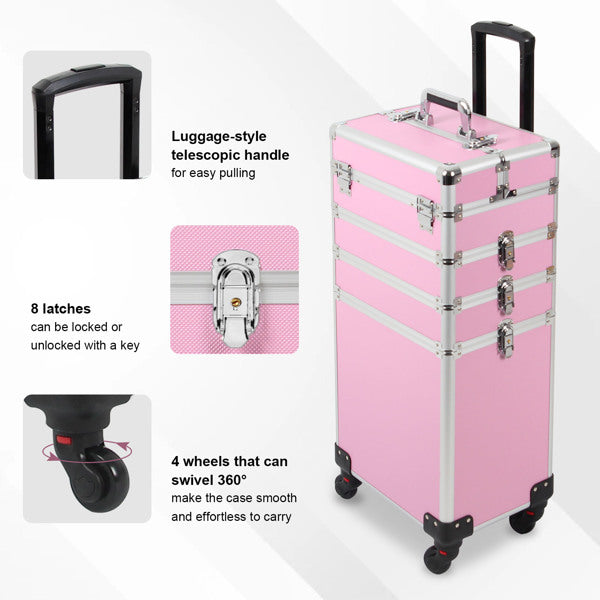 4 in 1 Rolling Makeup Case Makeup Trolley Case With Wheels Makeup Travel Case Organizer (PINK) - Cosmetic Lockable Trolley - Nail Artist Travel Train Organizer Box