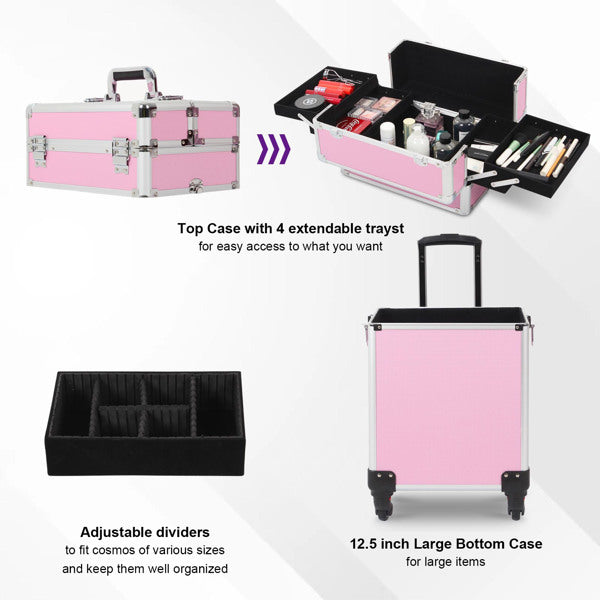 4 in 1 Rolling Makeup Case Makeup Trolley Case With Wheels Makeup Travel Case Organizer (PINK) - Cosmetic Lockable Trolley - Nail Artist Travel Train Organizer Box