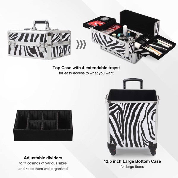 4 in 1 Rolling Makeup Case Makeup Trolley Case With Wheels Makeup Travel Case Organizer (ZEBRA) - Cosmetic Lockable Trolley - Nail Artist Travel Train Organizer Box