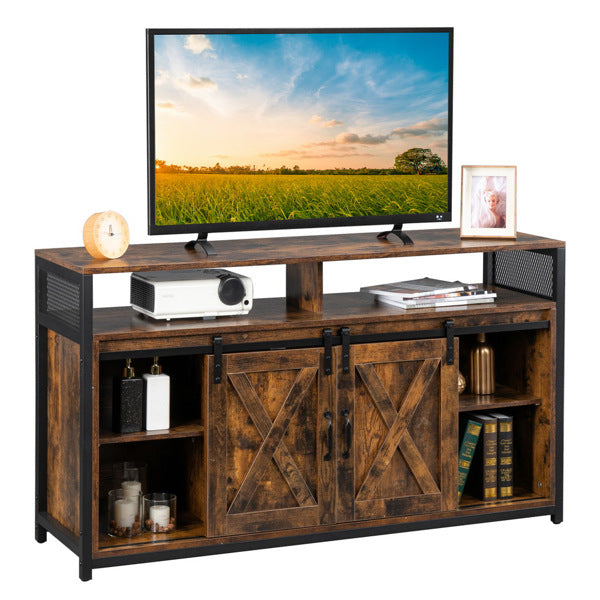 FCH 3-layer Double Barn Door with Sliding Rail X-shaped Panel TV Cabinet MDF