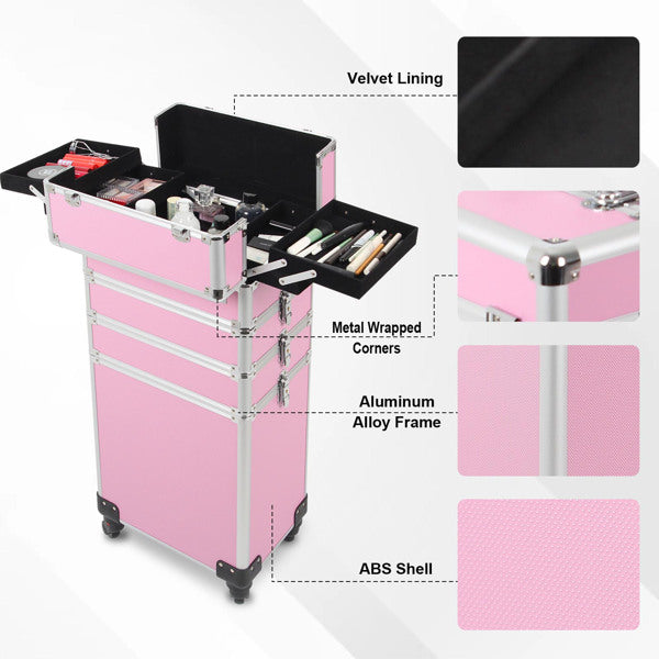 4 in 1 Rolling Makeup Case Makeup Trolley Case With Wheels Makeup Travel Case Organizer (PINK) - Cosmetic Lockable Trolley - Nail Artist Travel Train Organizer Box