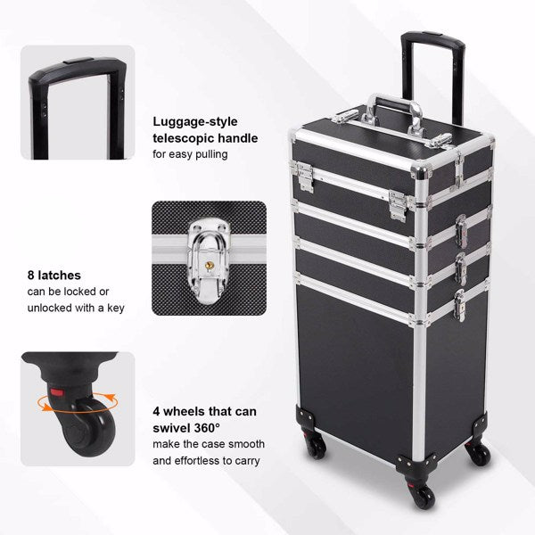 4 in 1 Rolling Makeup Case Makeup Trolley Case With Wheels Makeup Travel Case Organizer (BLACK) - Cosmetic Lockable Trolley - Nail Artist Travel Train Organizer Box