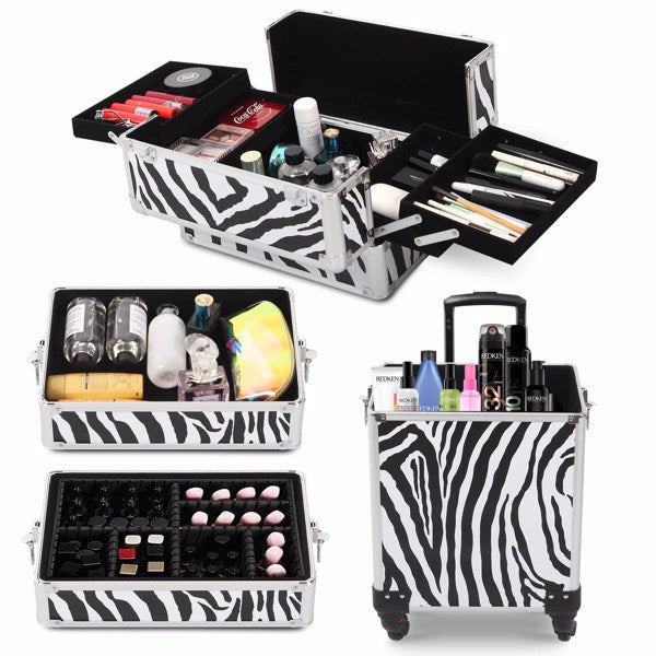 4 in 1 Rolling Makeup Case Makeup Trolley Case With Wheels Makeup Travel Case Organizer (ZEBRA) - Cosmetic Lockable Trolley - Nail Artist Travel Train Organizer Box