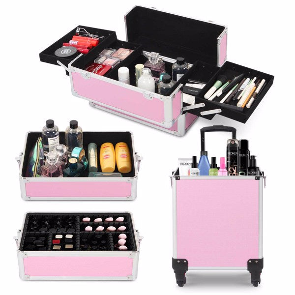 4 in 1 Rolling Makeup Case Makeup Trolley Case With Wheels Makeup Travel Case Organizer (PINK) - Cosmetic Lockable Trolley - Nail Artist Travel Train Organizer Box