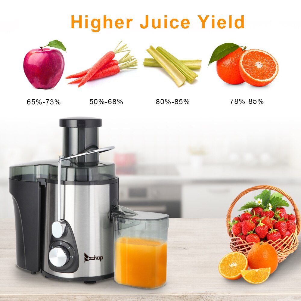 ZOKOP American Standard - Double Gear Electric Juicer Stainless Steel - 75MM Large Caliber - 600ML Juice Cup - 1000ML Slag Cup