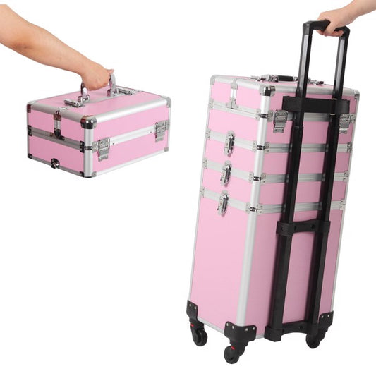 4 in 1 Rolling Makeup Case Makeup Trolley Case With Wheels Makeup Travel Case Organizer (PINK) - Cosmetic Lockable Trolley - Nail Artist Travel Train Organizer Box
