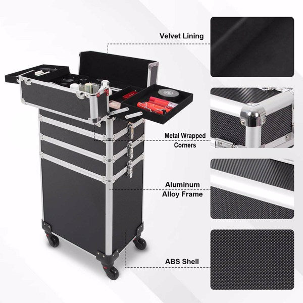 4 in 1 Rolling Makeup Case Makeup Trolley Case With Wheels Makeup Travel Case Organizer (BLACK) - Cosmetic Lockable Trolley - Nail Artist Travel Train Organizer Box