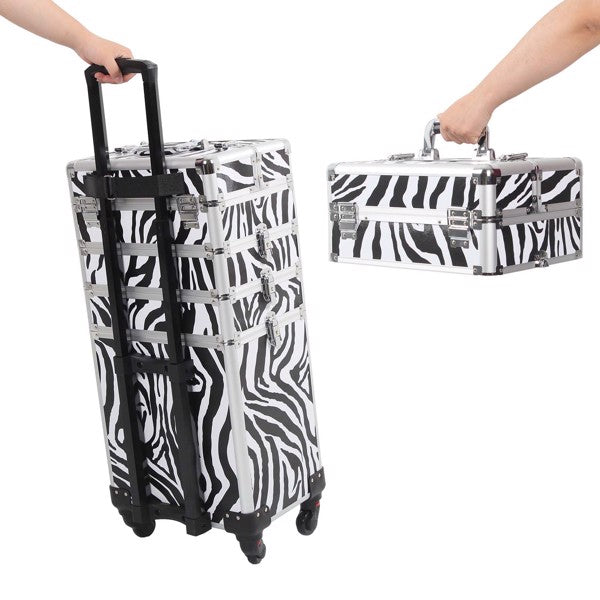 4 in 1 Rolling Makeup Case Makeup Trolley Case With Wheels Makeup Travel Case Organizer (ZEBRA) - Cosmetic Lockable Trolley - Nail Artist Travel Train Organizer Box