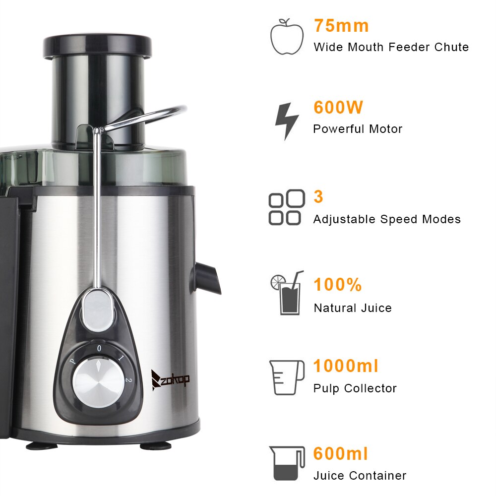 ZOKOP American Standard - Double Gear Electric Juicer Stainless Steel - 75MM Large Caliber - 600ML Juice Cup - 1000ML Slag Cup