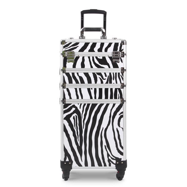 4 in 1 Rolling Makeup Case Makeup Trolley Case With Wheels Makeup Travel Case Organizer (ZEBRA) - Cosmetic Lockable Trolley - Nail Artist Travel Train Organizer Box