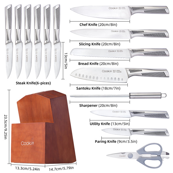 Kitchen Knife Set, 15 Piece Knife Sets with Block Chef Knife Stainless Steel Hollow Handle Cutlery with Manual Sharpener - 15P Color-Handle Knife Set - Stainless Steel 15 Piece Knife Set