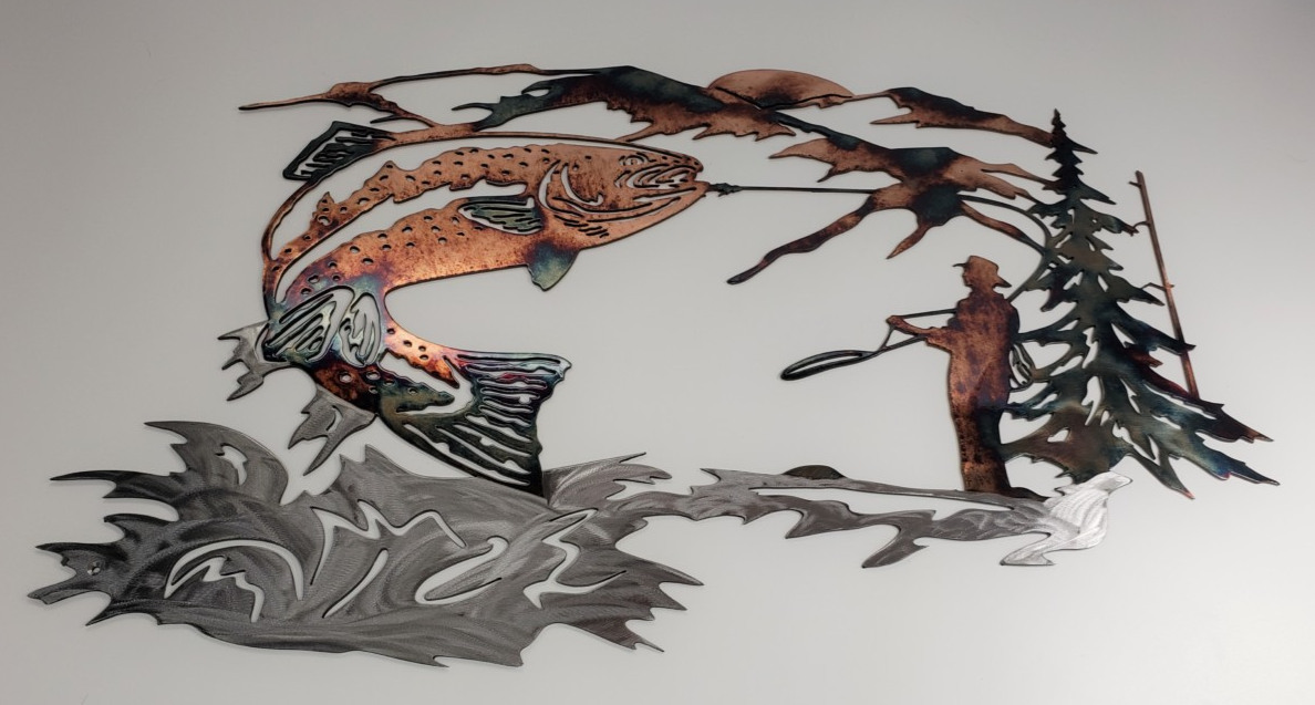 Up at Dawn Trout Fishing Scene Northwoods Metal Wall Art - Handmade Metal Wall Art - 3D Metal Rustic Wall Art Decoration